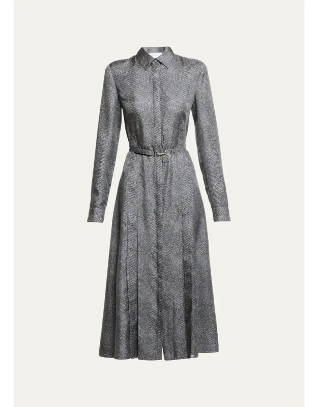 Herringbone Print Silk Belted Midi Shirtdress