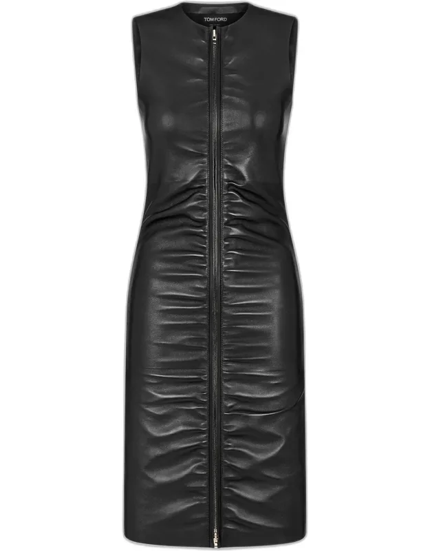 Ruched Zipper Leather Dress