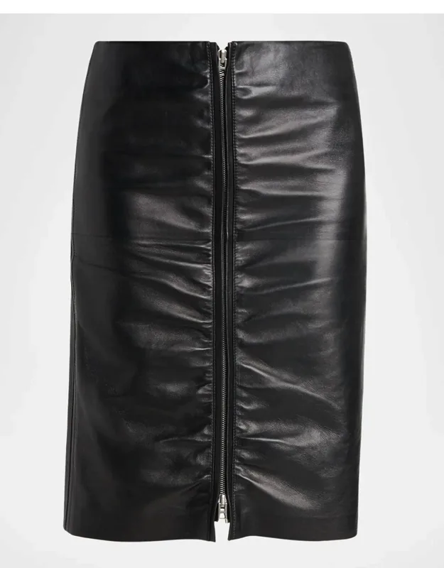Ruched Leather Zip-front Skirt