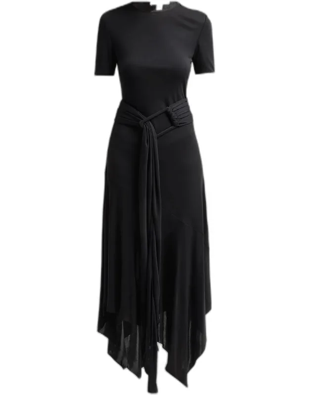 Asymmetric Fluid Jersey Belted Midi Dress