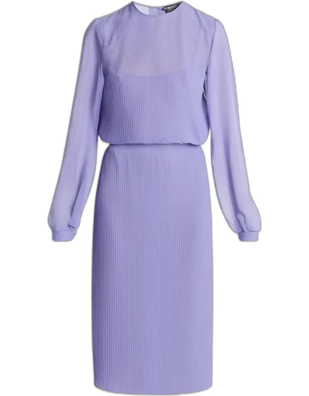 Plisse Chiffon Long-sleeve Midi Dress