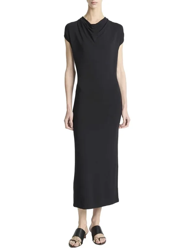 Cap Sleeve Draped Cowl Neck Dress