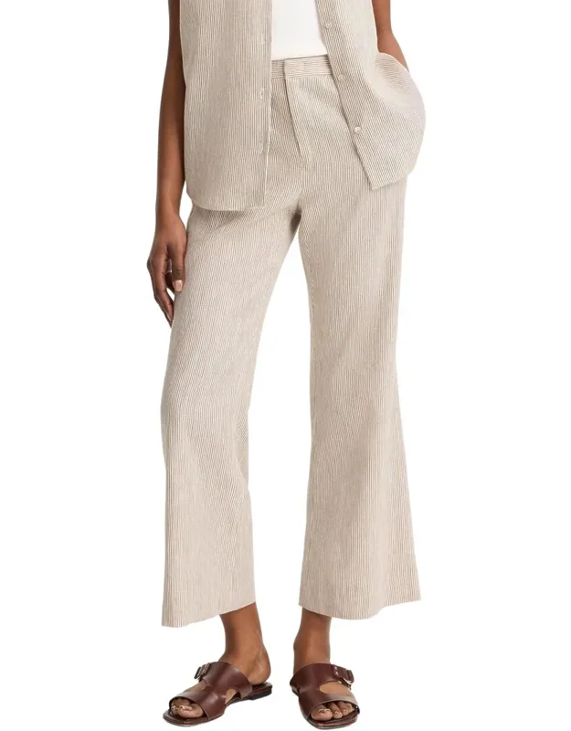 Low Rise Ticking Striped Linen-blend Crop Flare Trousers