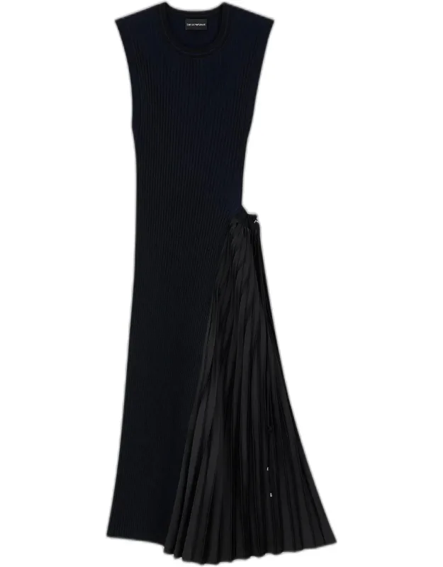 Pleated-inset Rib Knit Midi Dress