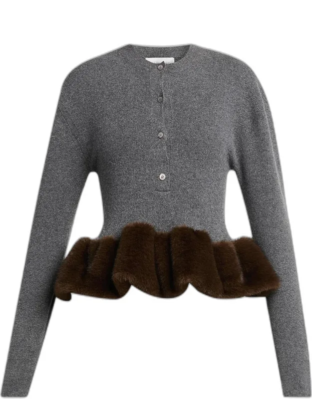 Faux Fur Trim Wool Crewneck Sweater