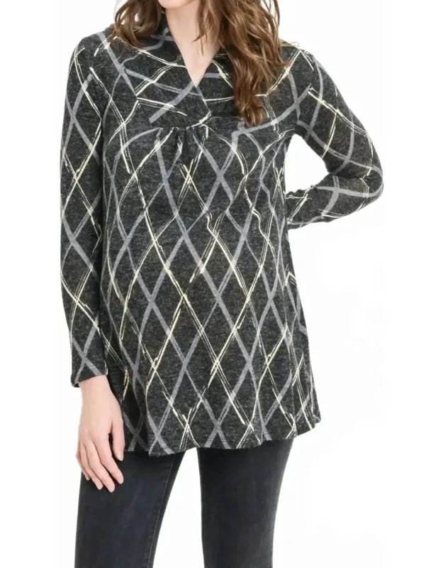 Plaid Shawl Collar Knit Tunic Sweater
