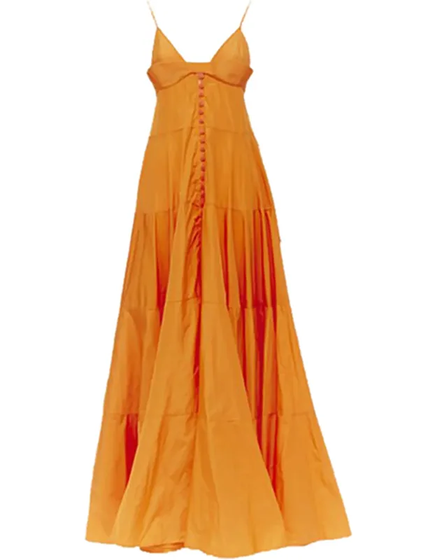 Long Taffeta Button Front Maxi Dress Gown