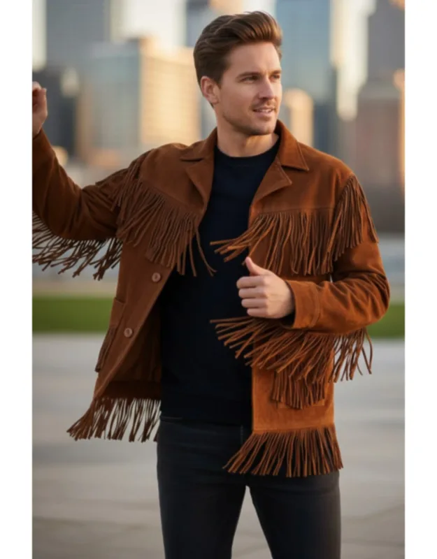 Western Retro Cowboy Suede Leather Fringe Jacket