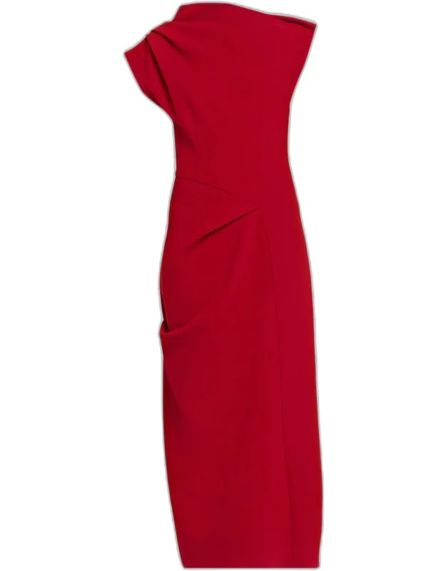 Draped Wool Cap-sleeve Midi Dress