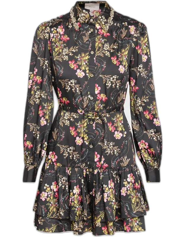 Floral Belted Ruffle-hem Mini Dress