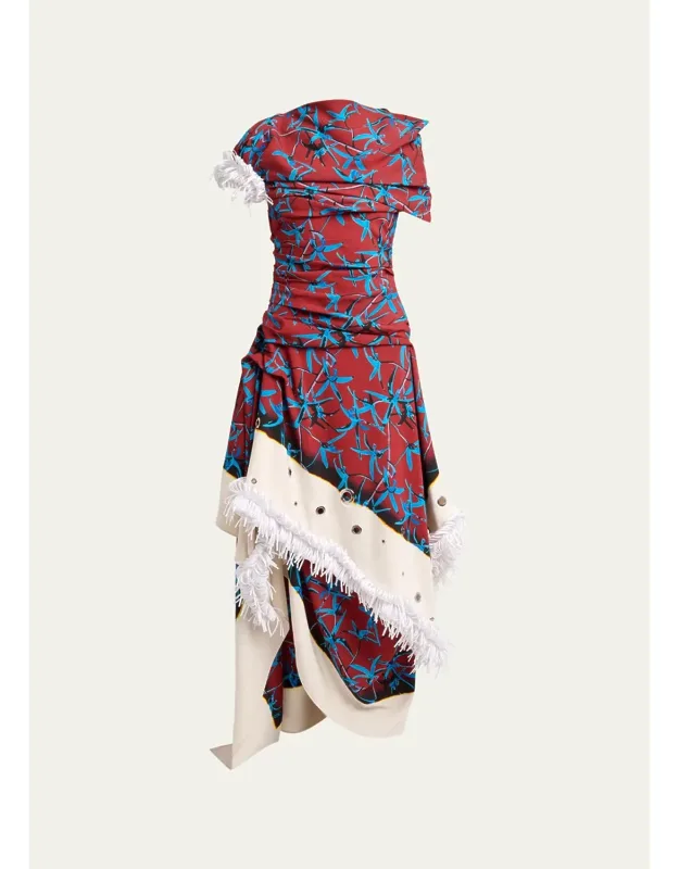 Asymmetric Draped Grommet Fringe High-low Dress
