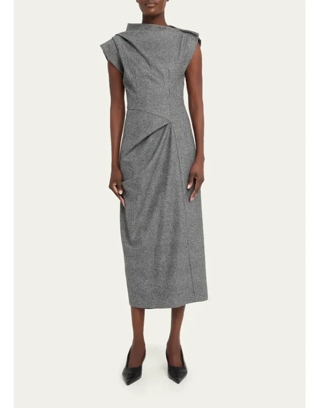 Plaid Wool Draped Midi Dress