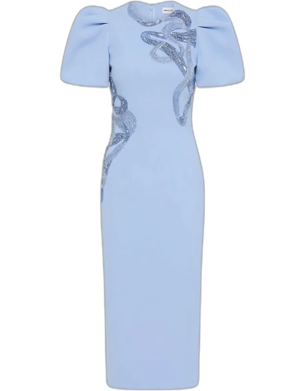 Embroidered Puff-sleeve Midi Dress