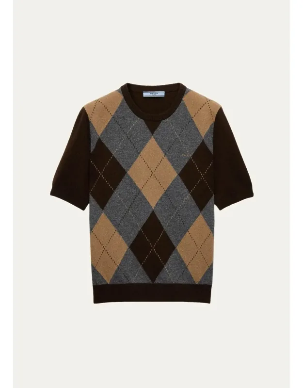 Argyle Cashmere Short-sleeve Crewneck Sweater