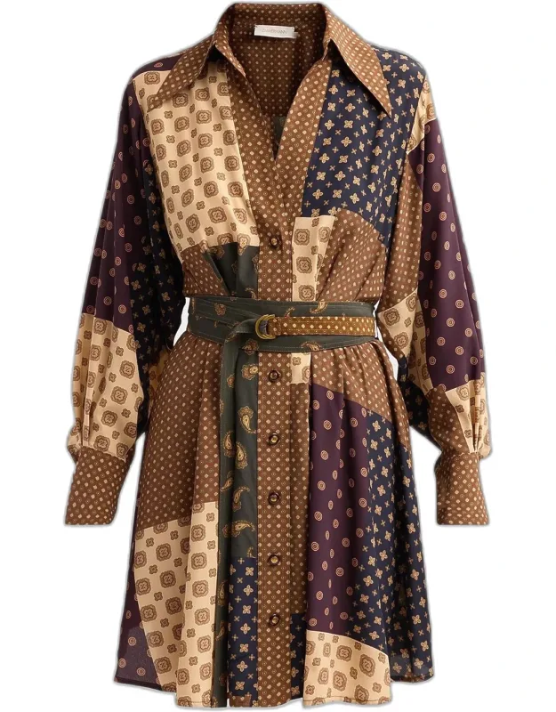 Tuck Patchwork Belted Mini Shirtdress