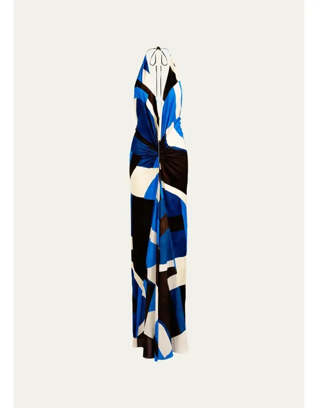 Malek Geo-print Ruched Velvet Halter Maxi Dress