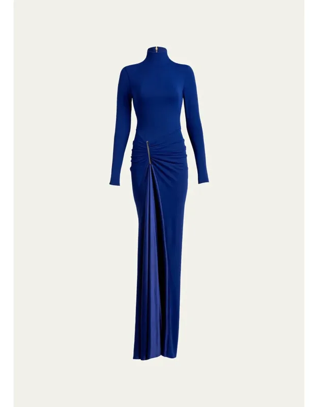 Lena Mock-neck Ruched Jersey Slit Maxi Dress