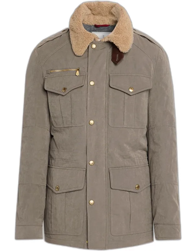 Shearling-collar Waxed Techno Cotton Safari Jacket