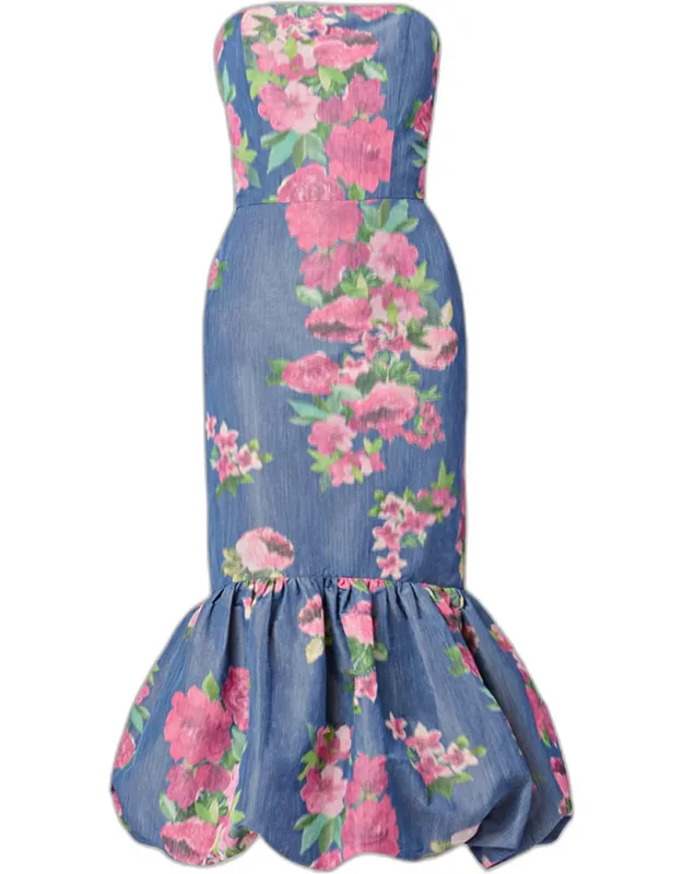 Strapless Floral Taffeta Mermaid Midi Dress