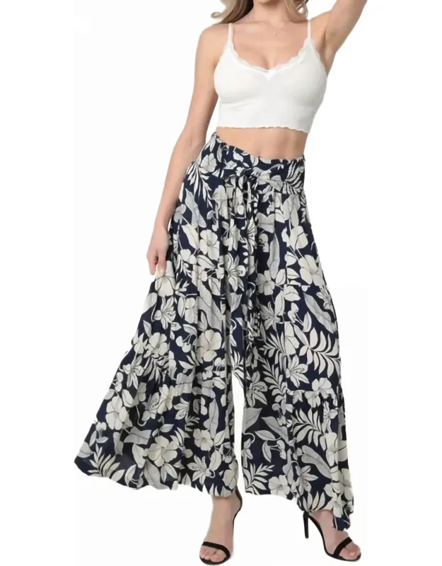 Floral Wide Leg Pants With Waist Tie