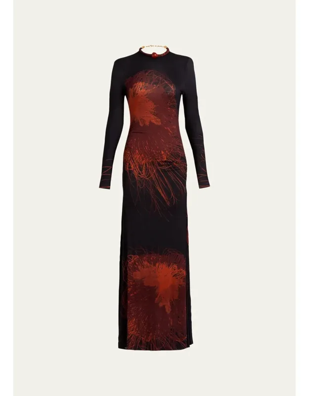 Bead Tubular Collar Long-sleeve Maxi Dress