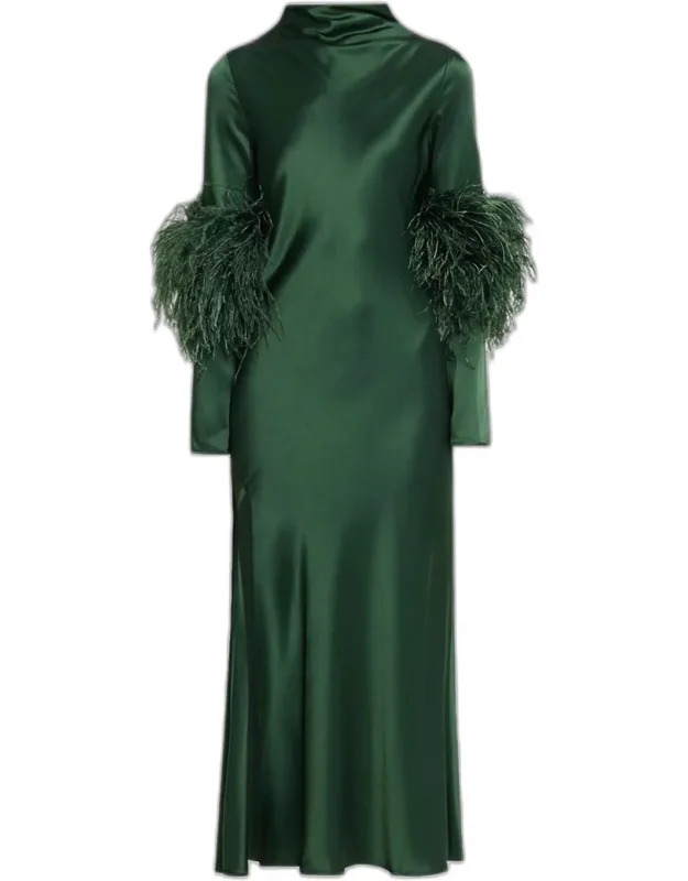 Satin Draped Neck Feather-trim Midi Dress