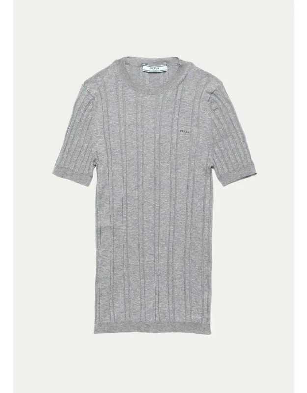 Embroidered Cotton Ribbed Short-sleeve Sweater