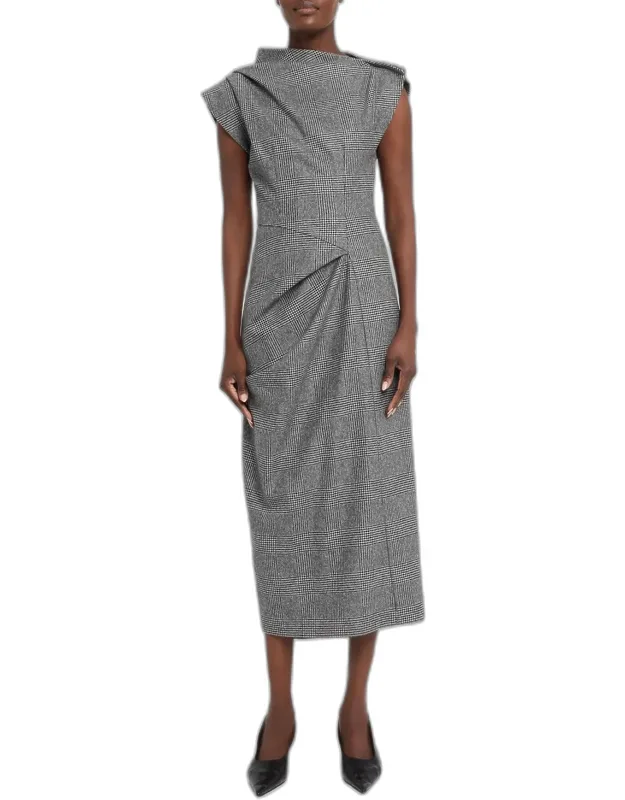 Plaid Wool Draped Midi Dress