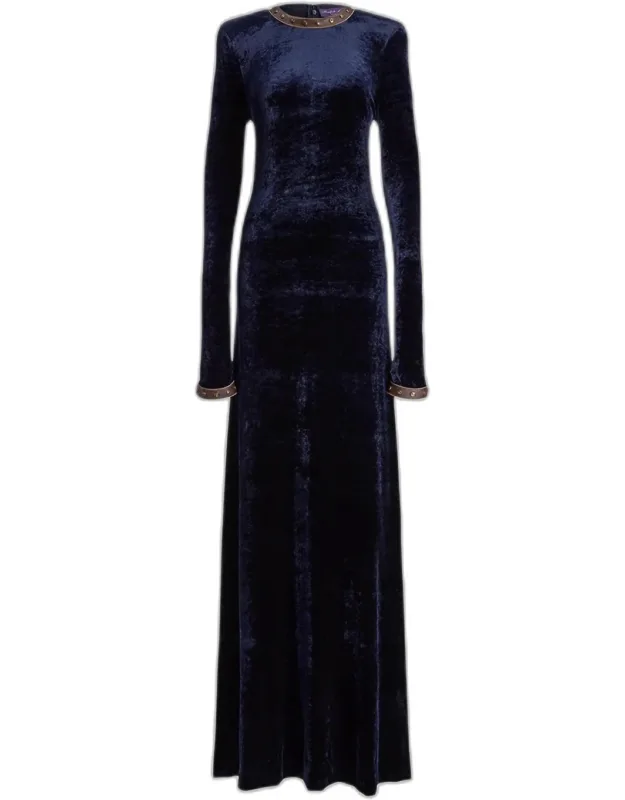 Nancie Strong-shoulder Velvet Long-sleeve Evening Dress