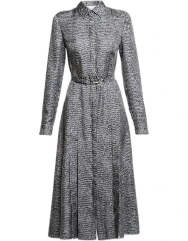Herringbone Print Silk Belted Midi Shirtdress