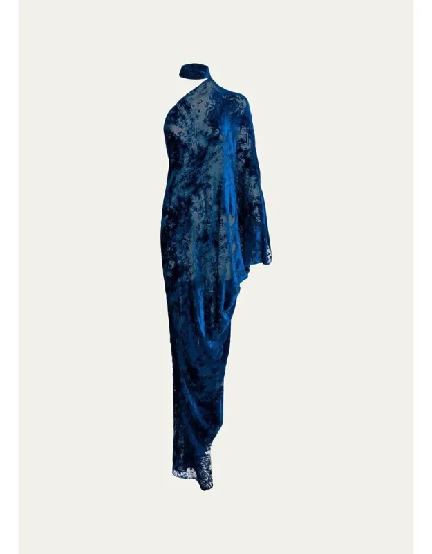 Anya Mock-neck Asymmetric Velvet Burnout Maxi Dress
