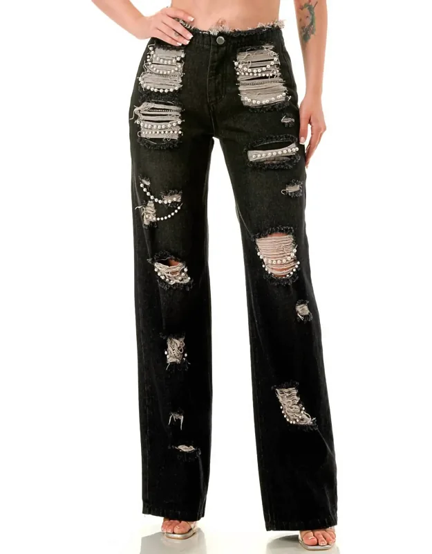Ripped Jeans With Pearl Embellishments