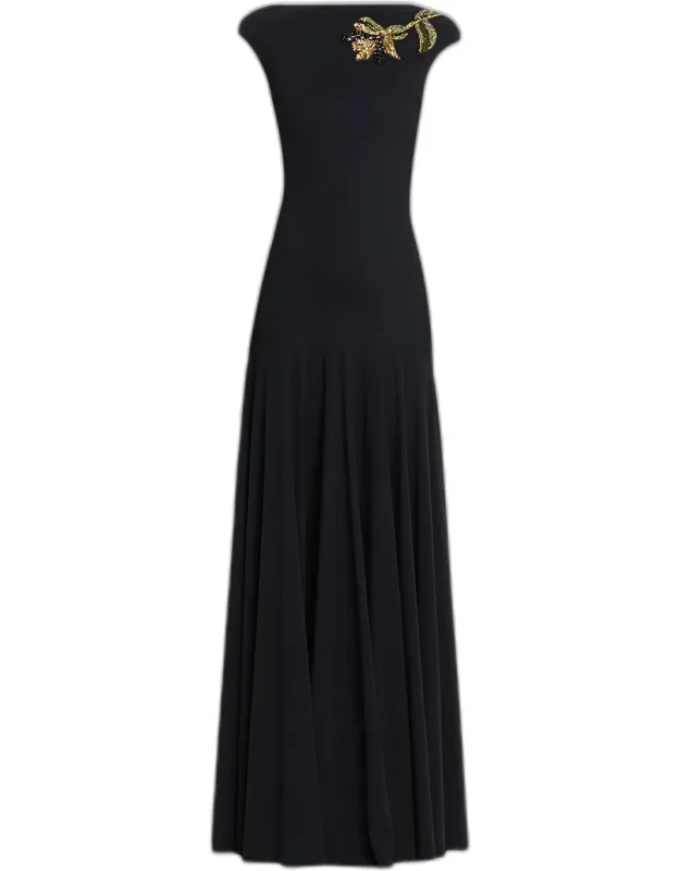 Isolda Beaded 3d Flower Appliqué Drop-waist Maxi Dress