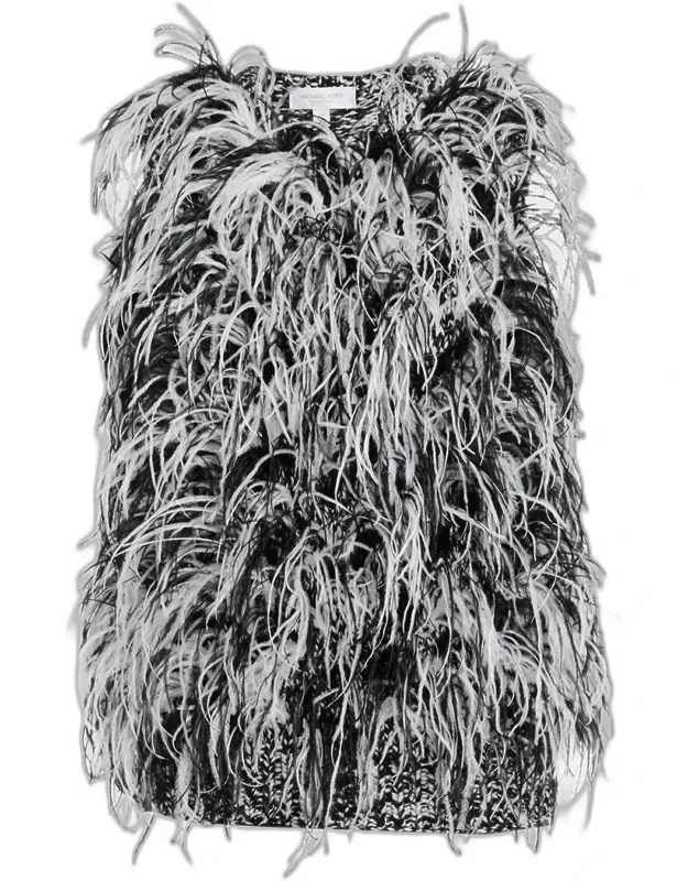 Feather-trim Wool Tweed Knit Sweater