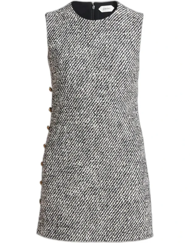 Sleeveless Buttoned Boucle Tweed Mini Dress