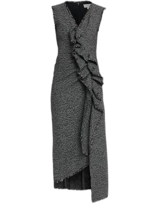 Frayed Tweed Asymmetric Ruffle Midi Dress