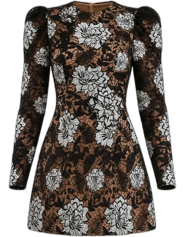 Puff-sleeve Floral Lace Mini Dress