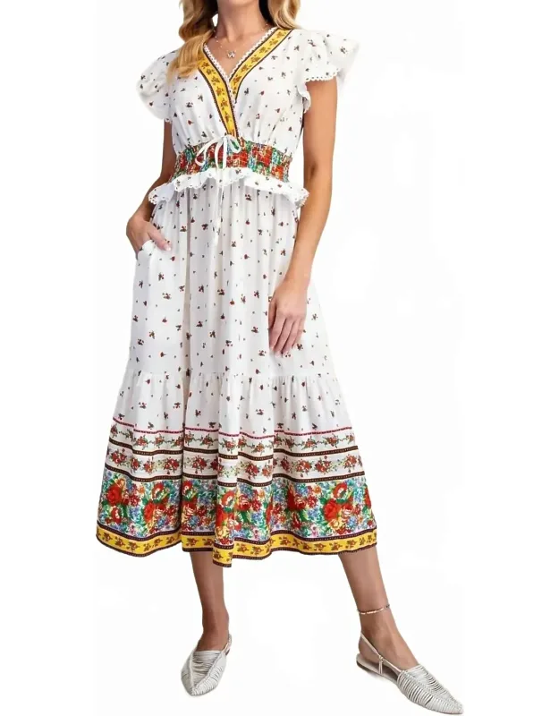Floral Border Print Cap Sleeve Midi Dress