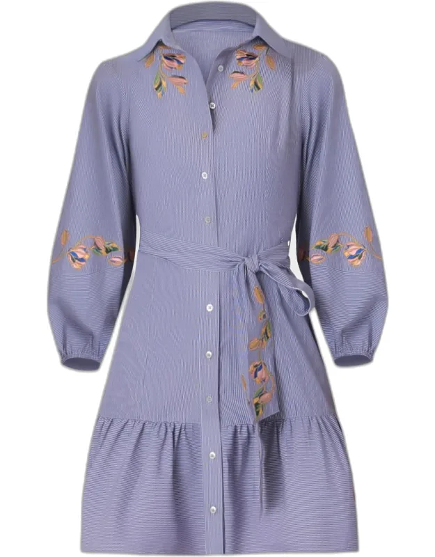 Floral-embroidered Pinstripe Mini Dress