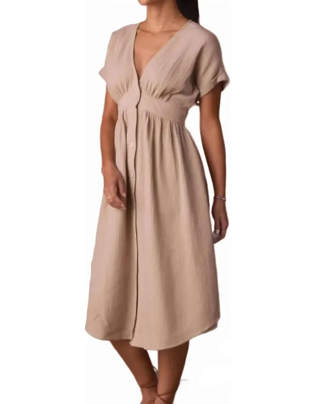 Kalo Guaze Deep V Button Midi Dress