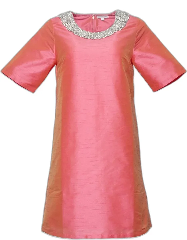 Rhinestone-trim Satin Mini Shift Dress
