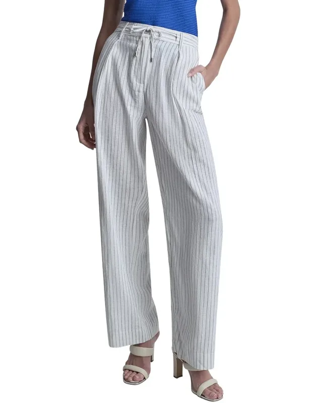 Stripe Pleated Wide Leg Linen-blend Pants