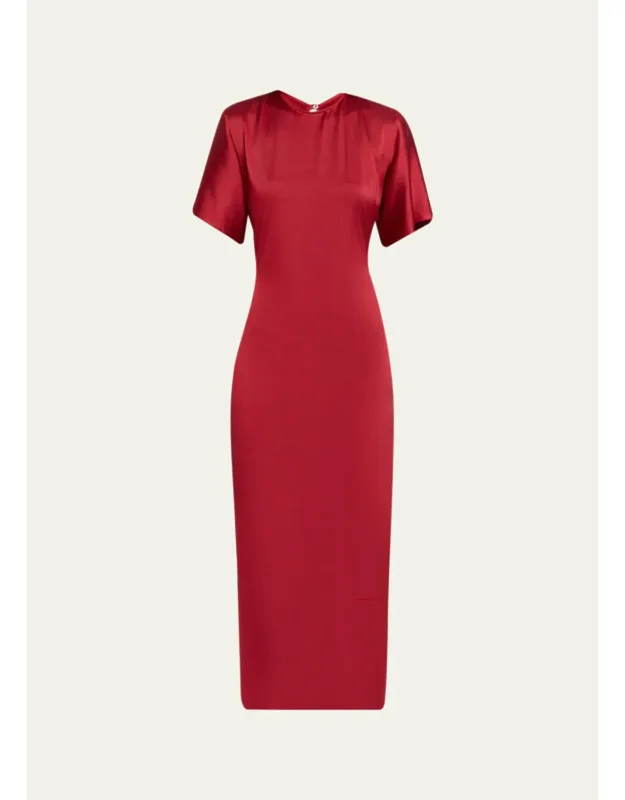 Fluid Satin Gathered Godet Midi Dress