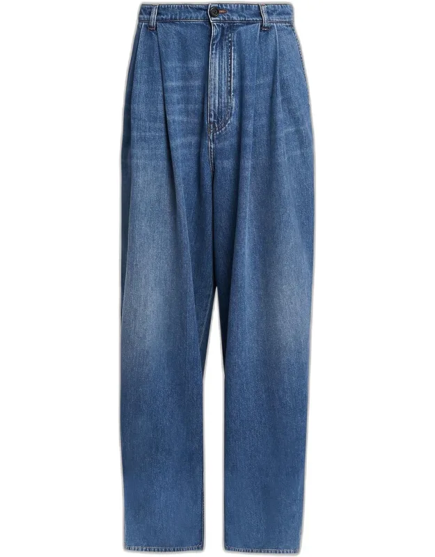 Pleated-front High-rise Wide-leg Jeans