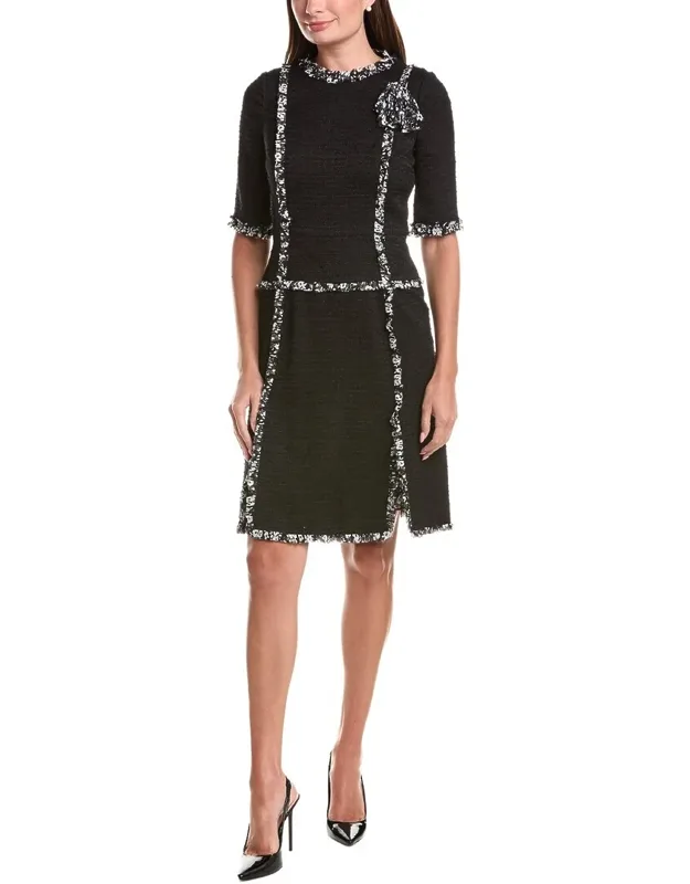 Boucle Silk Chiffon Trim & Corsage Sleeve Dress