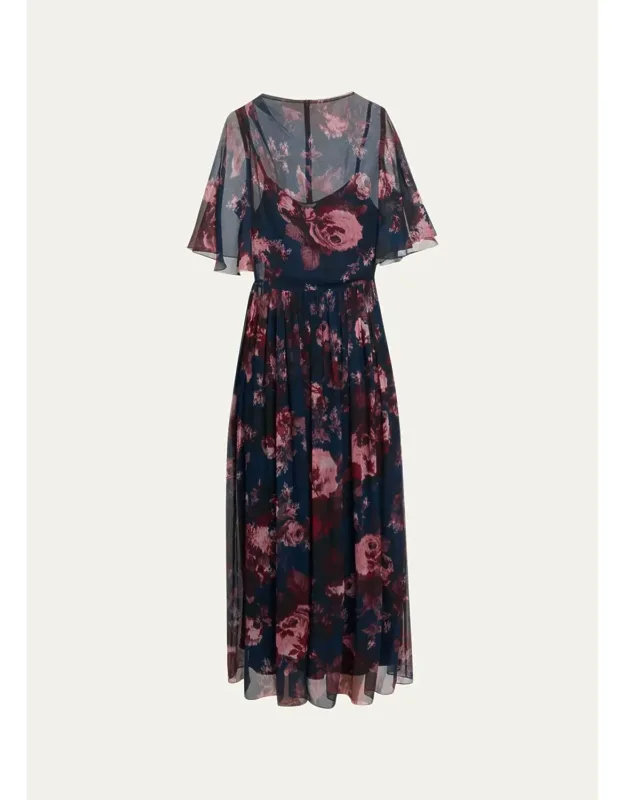 Floral Silk Creponne Flutter-sleeve Midi Dress