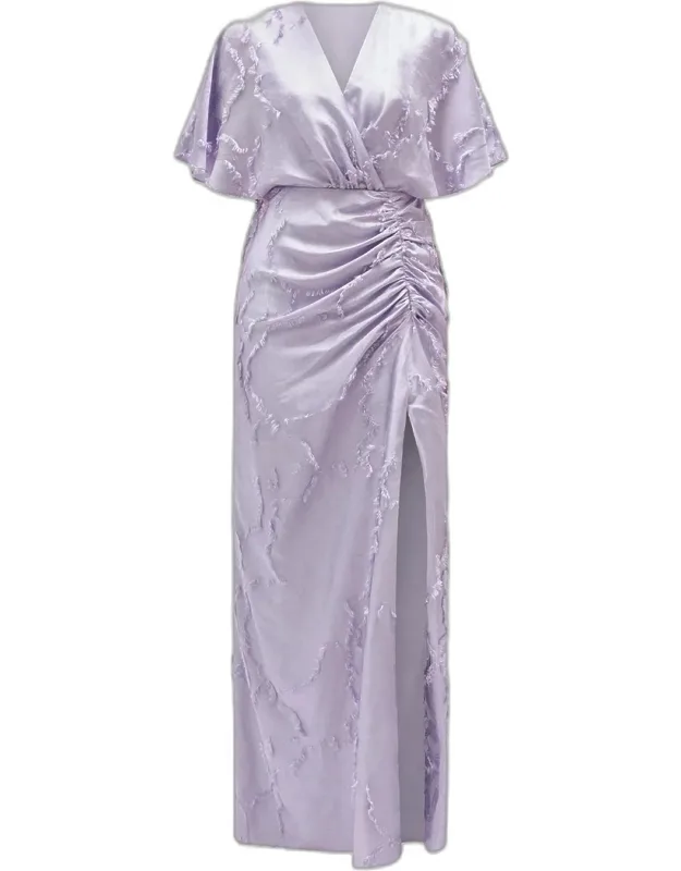 Textured Floral Jacquard Flutter-sleeve Maxi Dress
