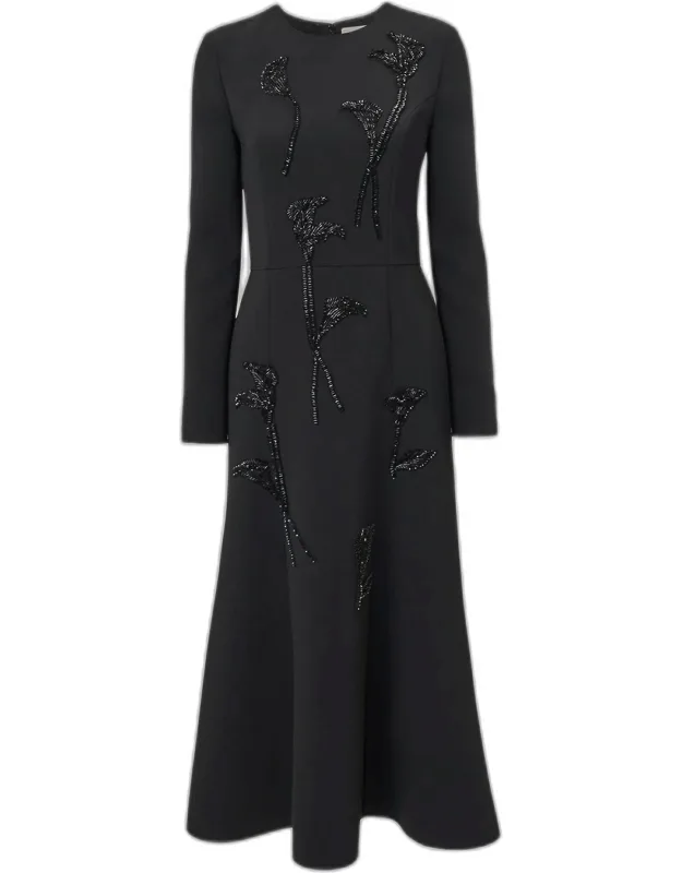 Floral Embellished Long-sleeve Midi Dress