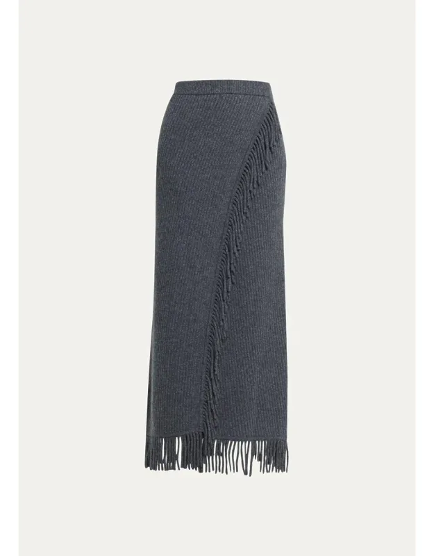 Ribbed Fringe-trim Midi Skirt