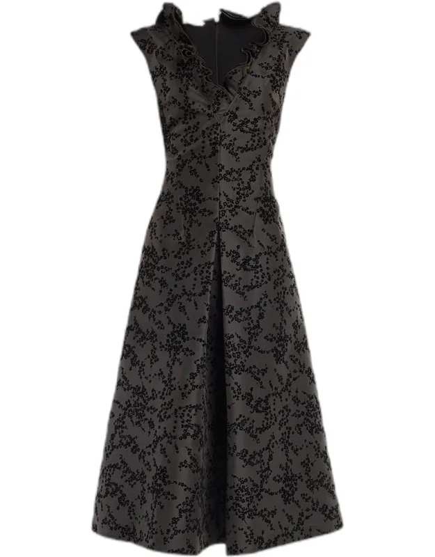 Ruffle V-neck Floral Flocked Midi Dress